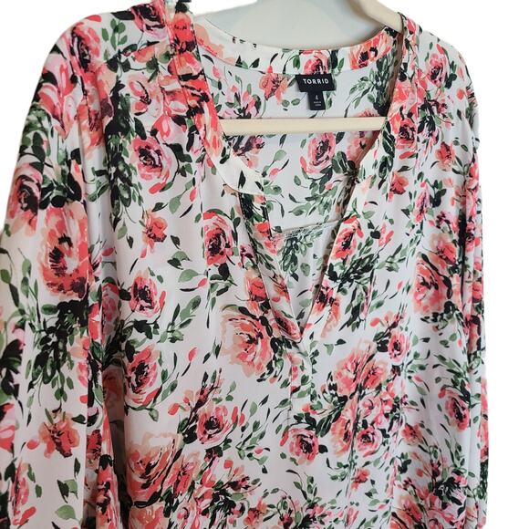 Torrid Top Hi Low Blouse Long Sleeve Blouse Womens 4X White Floral Top Georgette - Picture 5 of 10